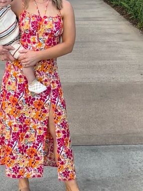 SHEIN Pink Orange Floral Halter Midi Dress